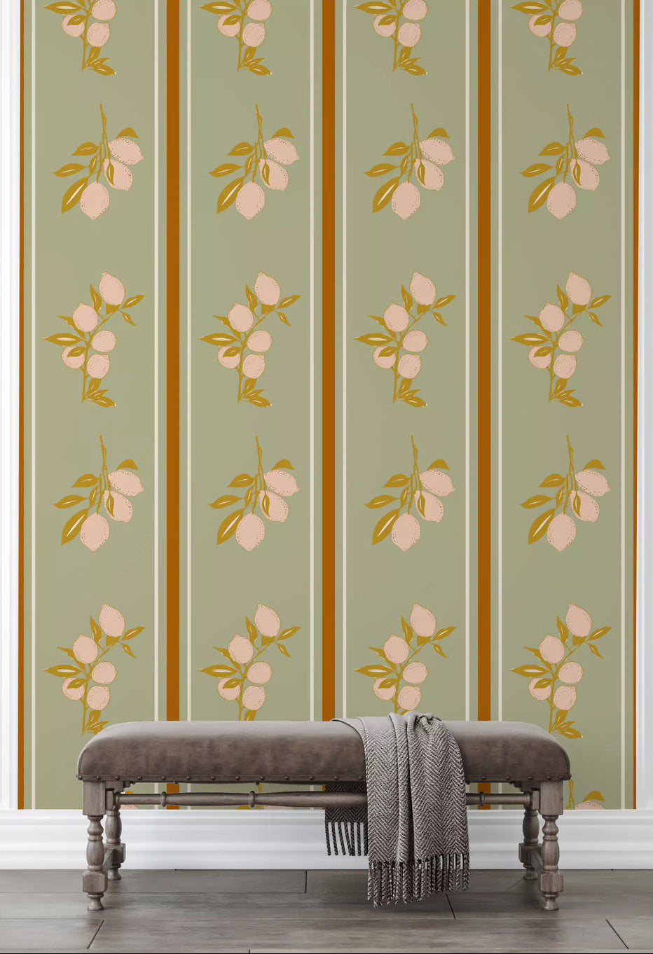 Sage lemon branch wallpaper with cream fruit and ochre leaves in hallway., GD10035