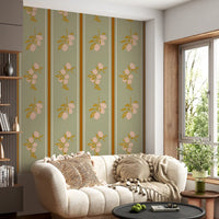 Botanical fruit wallpaper with mustard leaves and cream lemons.