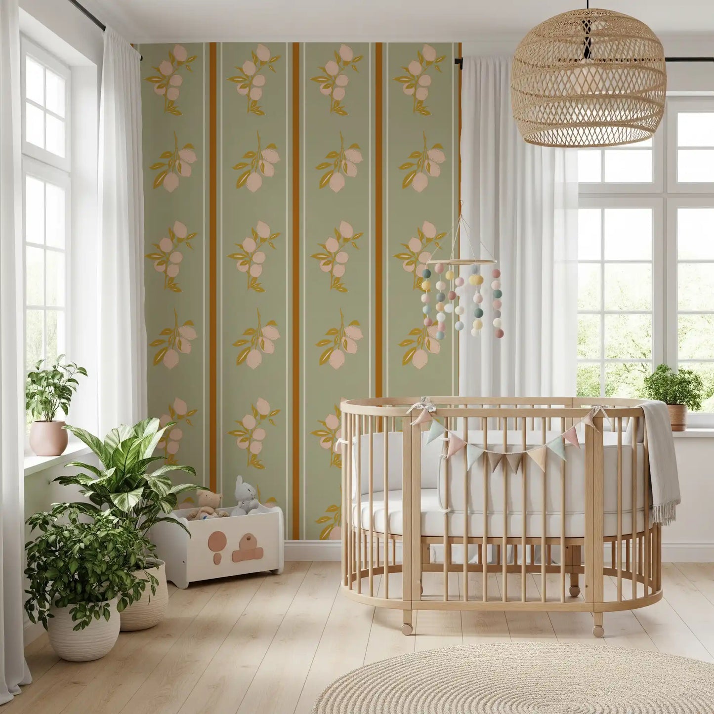 Vintage lemon cluster wallpaper with sage and terracotta tones.