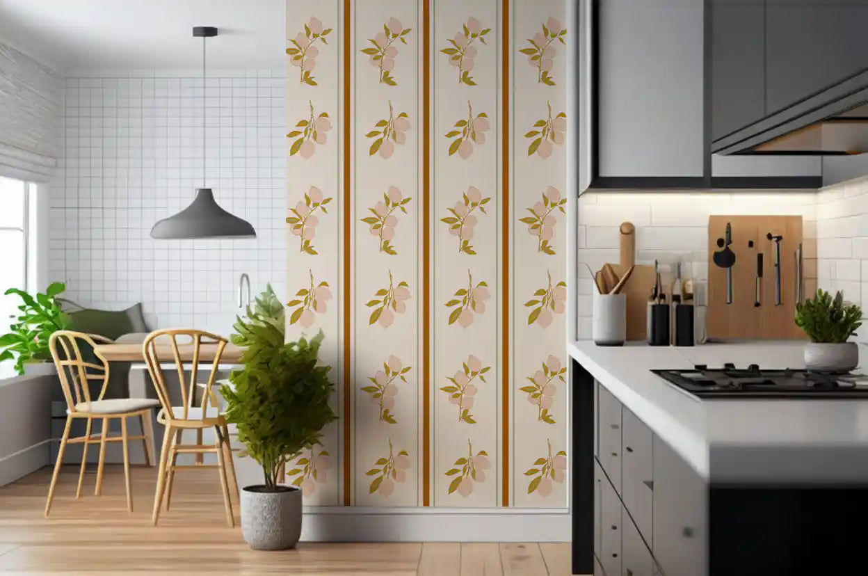 Botanical citrus wallpaper with olive foliage and warm rust borders in kitchen.