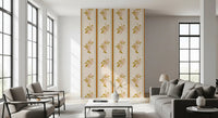 Lemon branch wallpaper styled in a living room wall setting with Mediterranean palette.