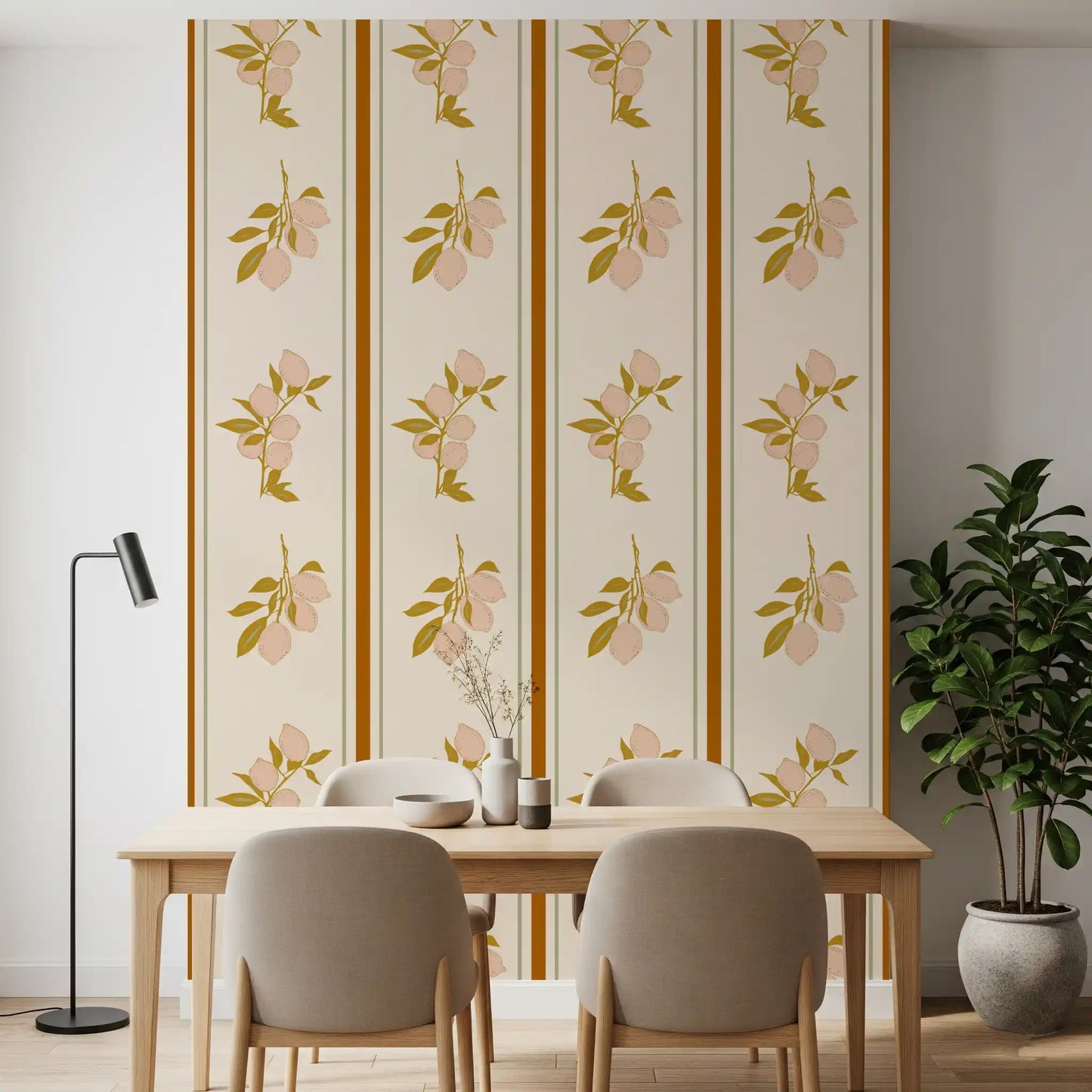 Dining room wallpaper with peach lemon branches and terracotta panel layout.