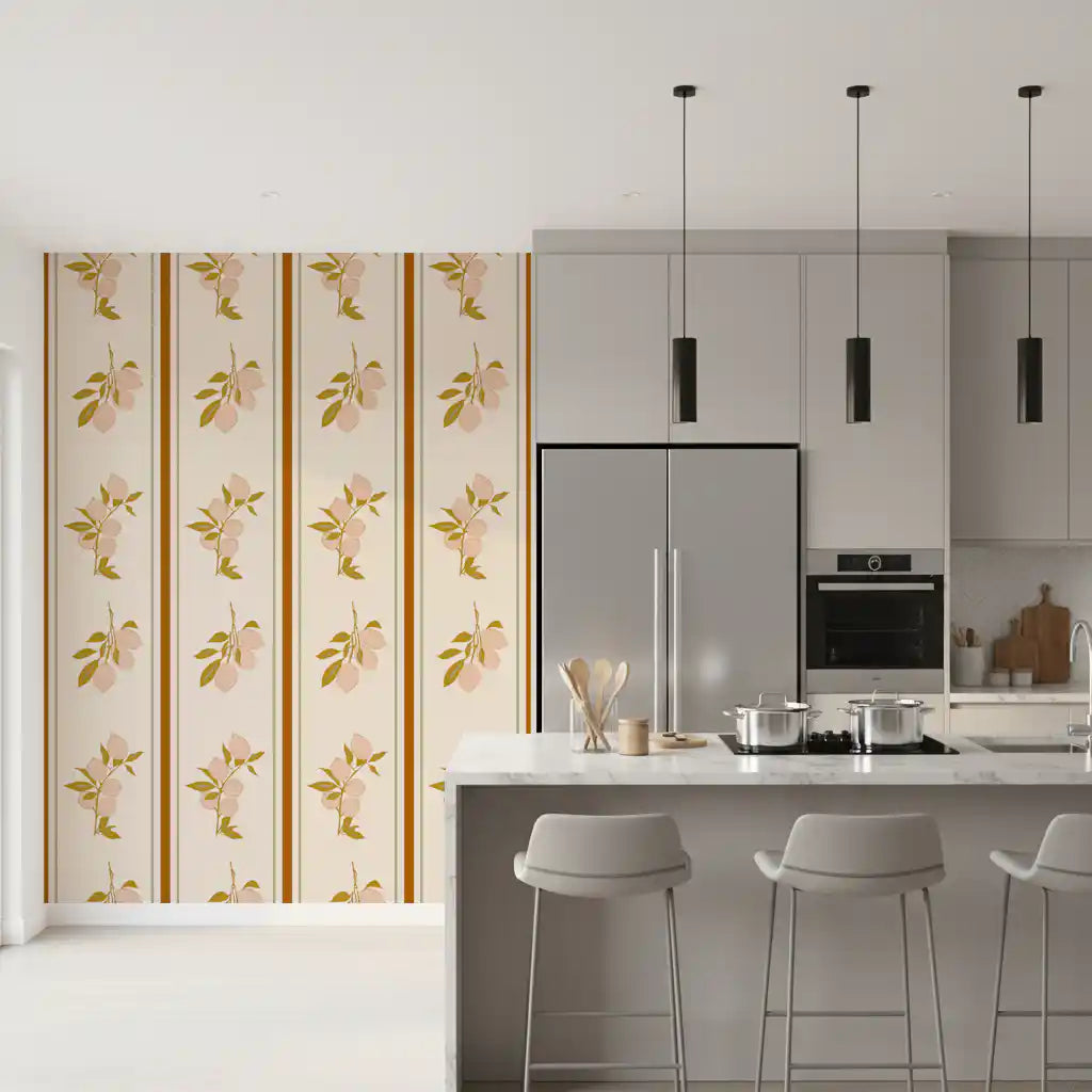 Citrus pattern wallpaper combining olive leaves, cream tones, and rust stripes.