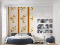 Mediterranean lemon wallpaper with painterly fruit and structured vertical bands in bedroom.
