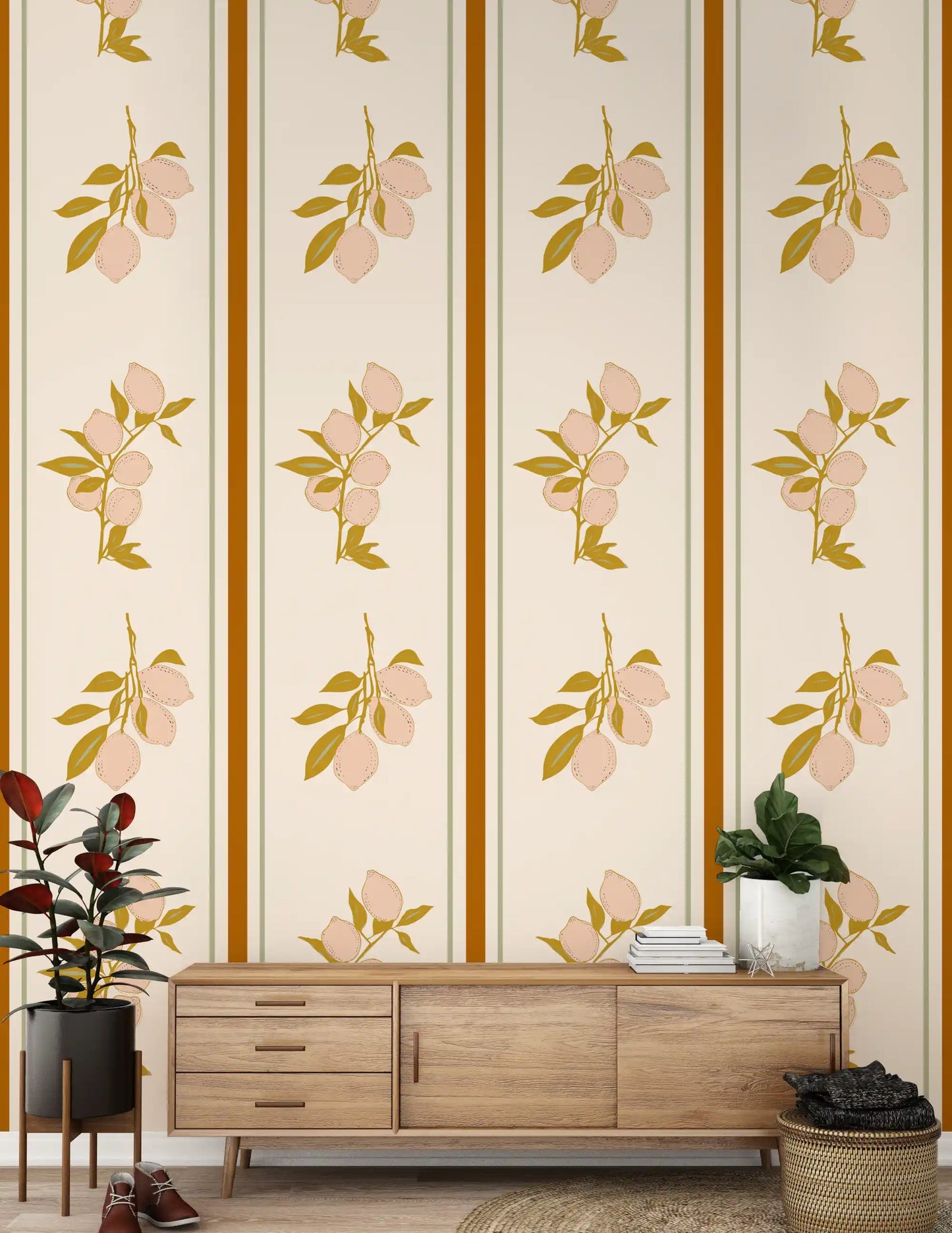 Pink Lemon Branch Wallpaper with peach citrus and olive leaves in hallway.