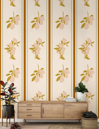 Pink Lemon Branch Wallpaper with peach citrus and olive leaves in hallway.