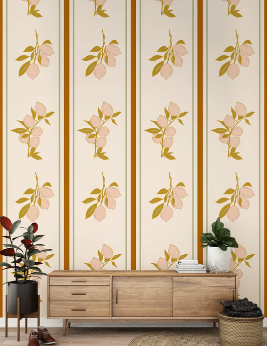 Pink Lemon Branch Wallpaper with peach citrus and olive leaves in hallway.