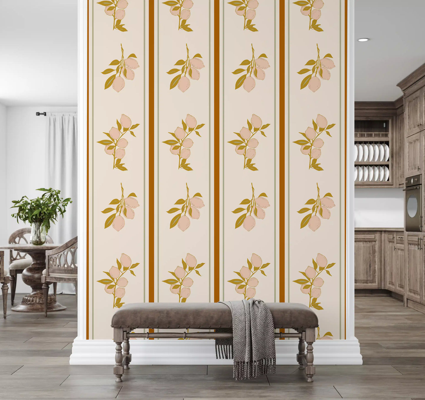 Floral fruit wallpaper with two lemon clusters and slim sage line accents.