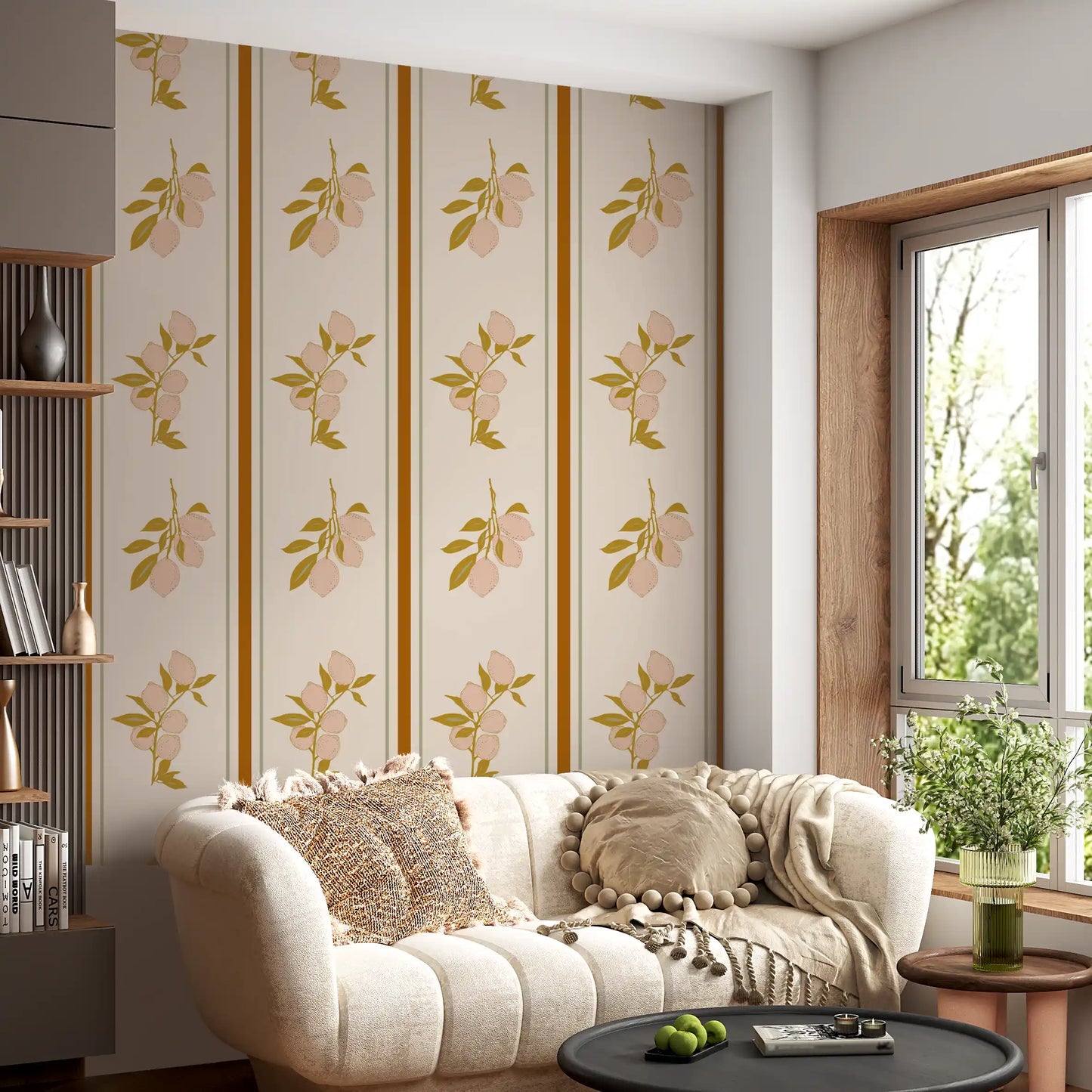 Mediterranean style wallpaper featuring lemon branches and terracotta vertical bands.