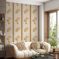 Mediterranean style wallpaper featuring lemon branches and terracotta vertical bands.