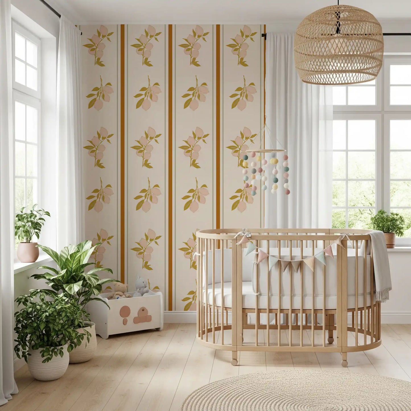 Pink peach lemon motif on cream wallpaper with sage green stripe accents.
