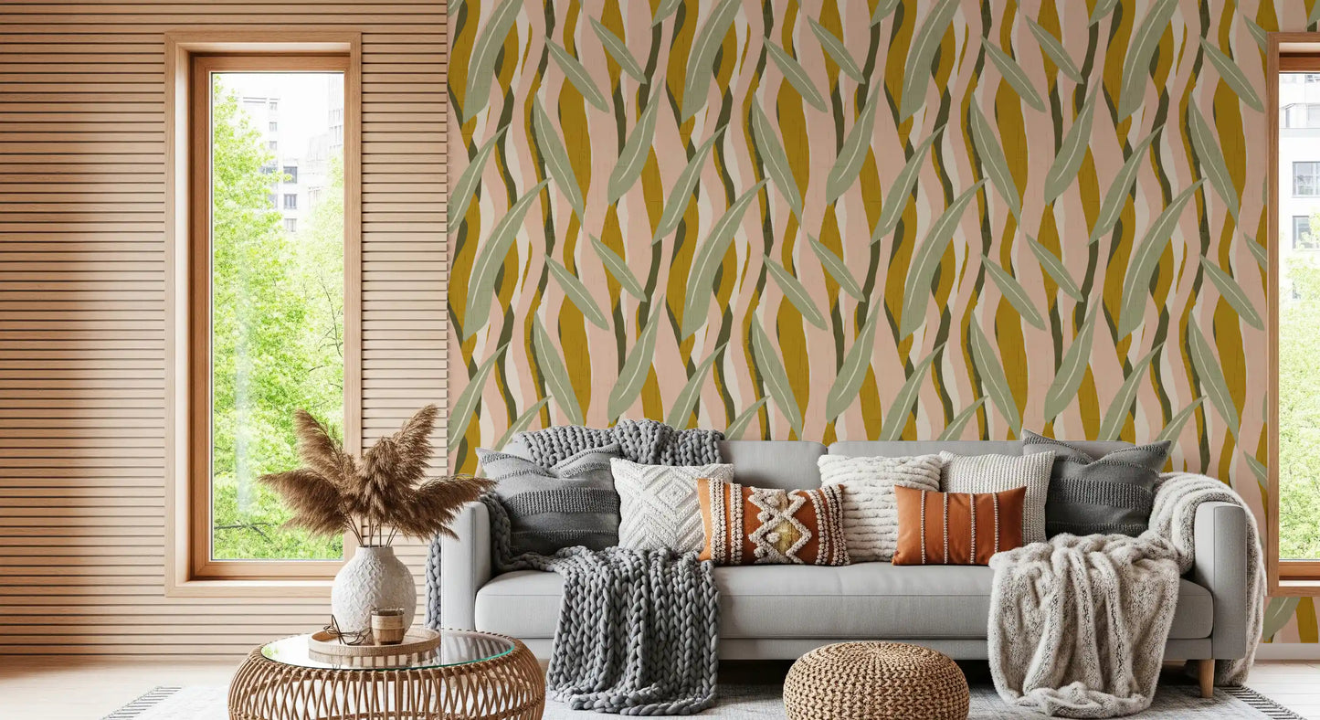 Linen-style textured wallpaper with mustard ochre and olive leaf stripe design, GD10037