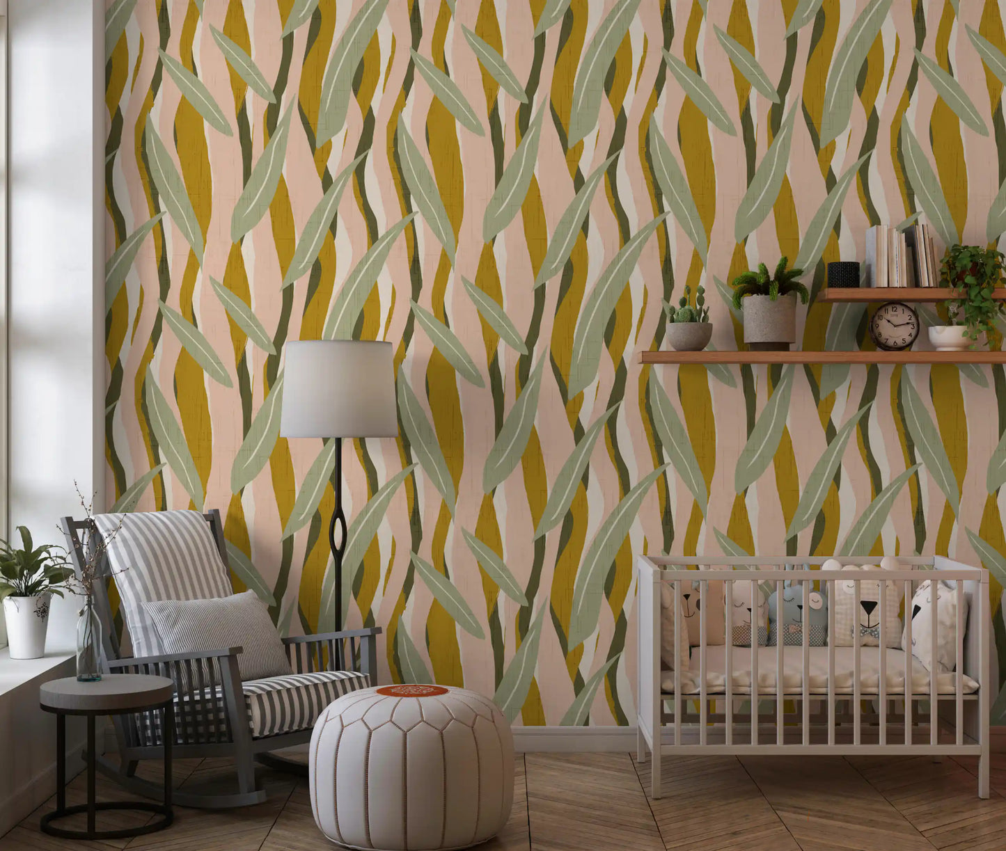 Slender olive leaves layered over warm mustard and pink organic stripes wallpaper., GD10037