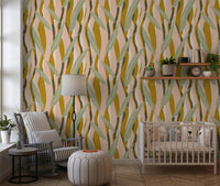 Slender olive leaves layered over warm mustard and pink organic stripes wallpaper., GD10037