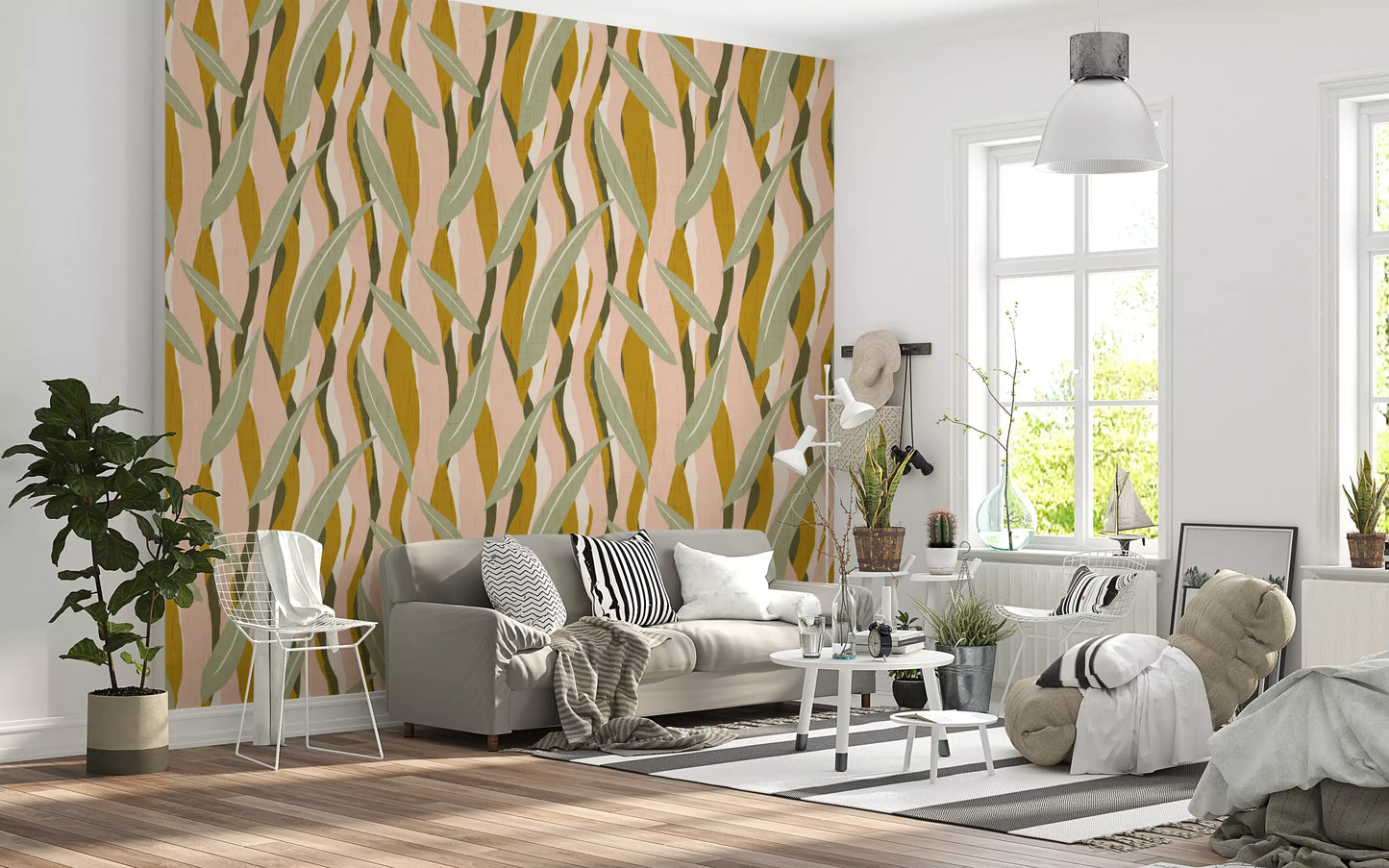 Mustard leaf stripe wallpaper with blush and cream tones suited for a living room corner wall., GD10037