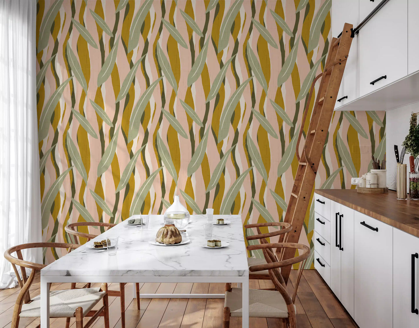 Olive green botanical leaves on a mustard striped wallpaper in kitchen background., GD10037