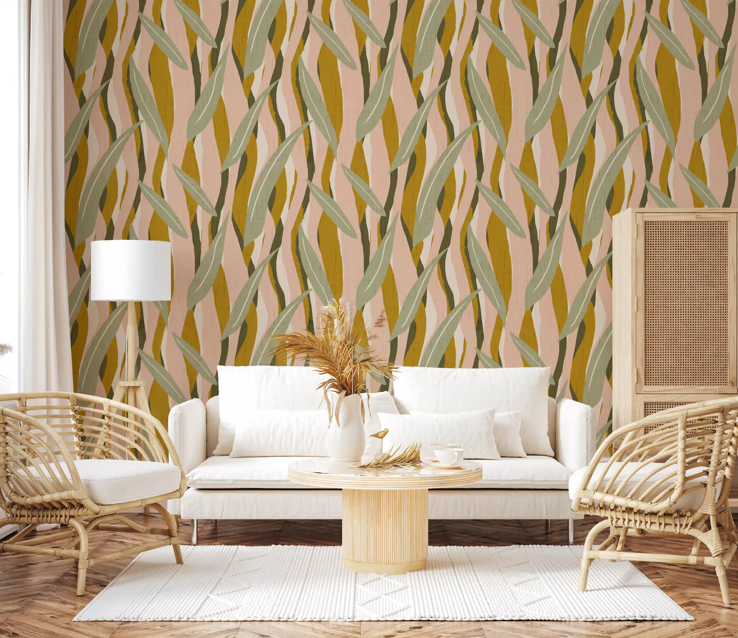 Boho organic leaf wallpaper with mustard and green tones., GD10037