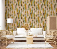 Boho organic leaf wallpaper with mustard and green tones., GD10037