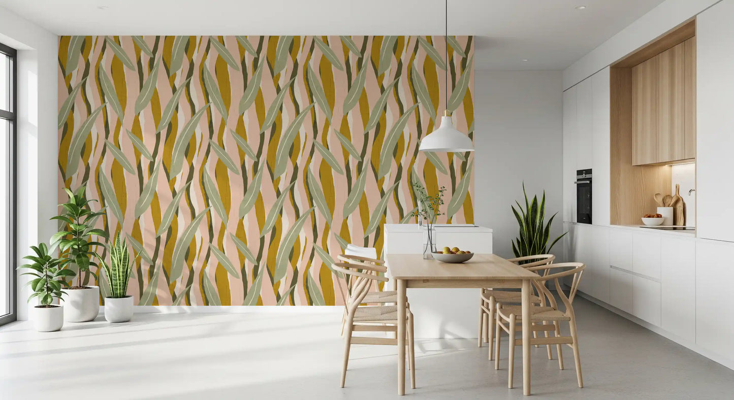 Repeat pattern wallpaper with leaf motifs and earthy boho colours for a tactile feature wall in dining room., GD10037