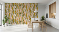 Repeat pattern wallpaper with leaf motifs and earthy boho colours for a tactile feature wall in dining room., GD10037