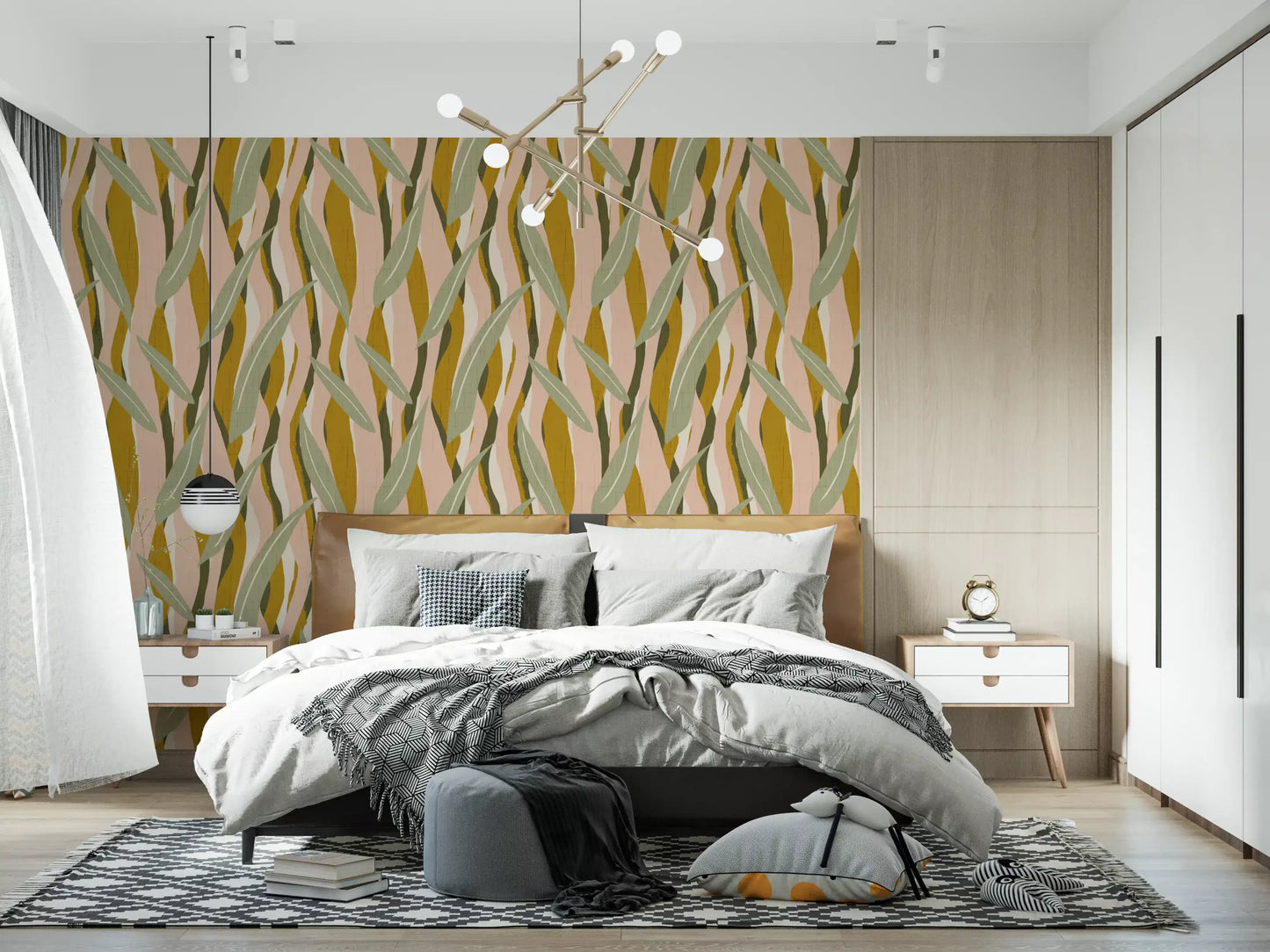 Boho organic wallpaper with mustard yellow and olive green leaf bands for bedroom walls, GD10037