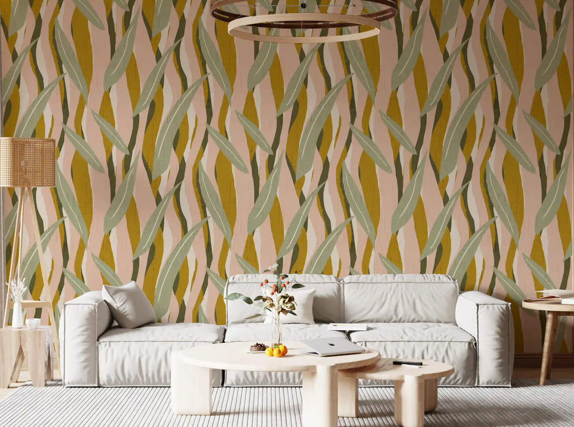 Mustard olive leaf stripe wallpaper in a living room setting with warm boho character.