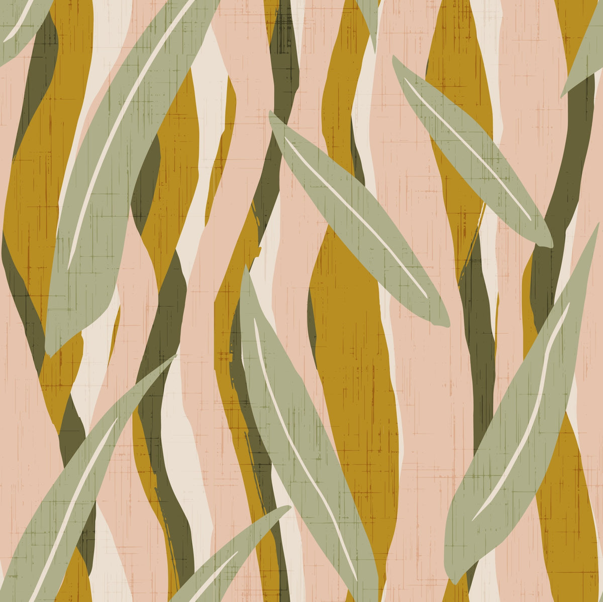 Mustard Olive Leaf Stripe Wallpaper Boho Organic Wallpaper⁠ in your room — zoomed