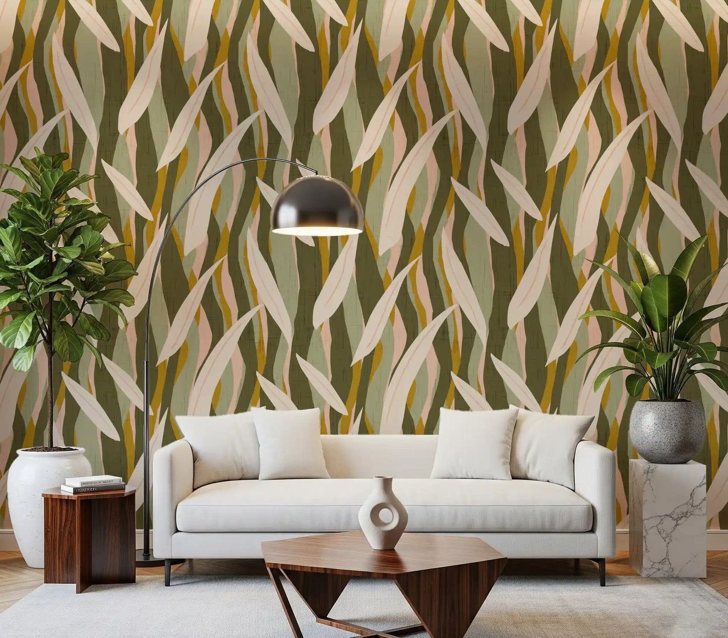 Olive green leaf stripe wallpaper installed in a living room as a feature wall accent., GD10038