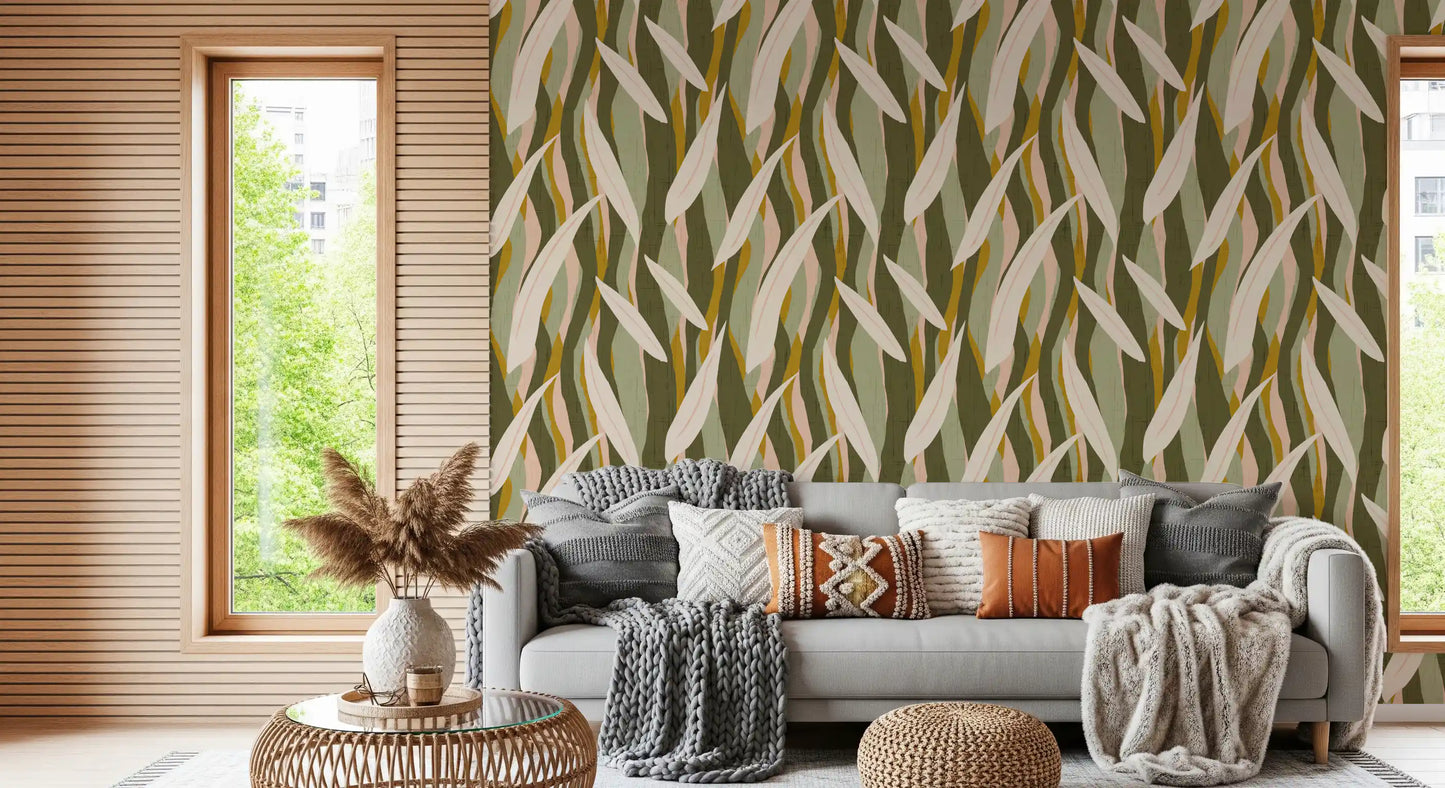 Olive Mustard Leaf Stripe Wallpaper Boho Organic Wallpaper⁠