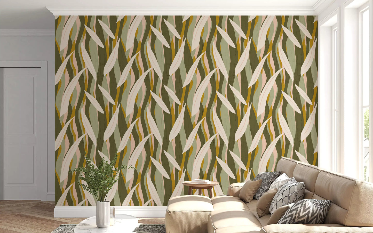 Olive Mustard Leaf Stripe Wallpaper Boho Organic Wallpaper⁠