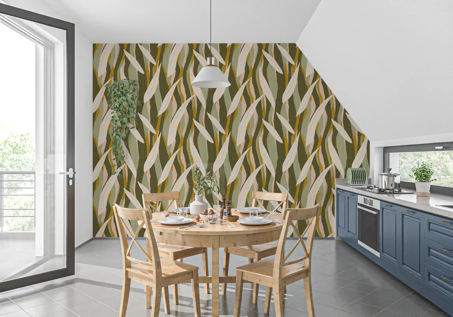 Olive Mustard Leaf Stripe Wallpaper Boho Organic Wallpaper⁠