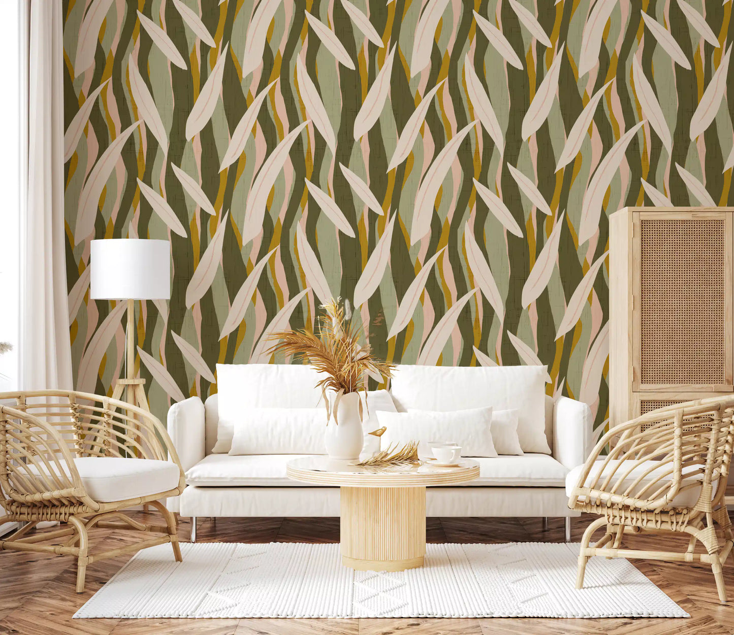 Olive Mustard Leaf Stripe Wallpaper Boho Organic Wallpaper⁠