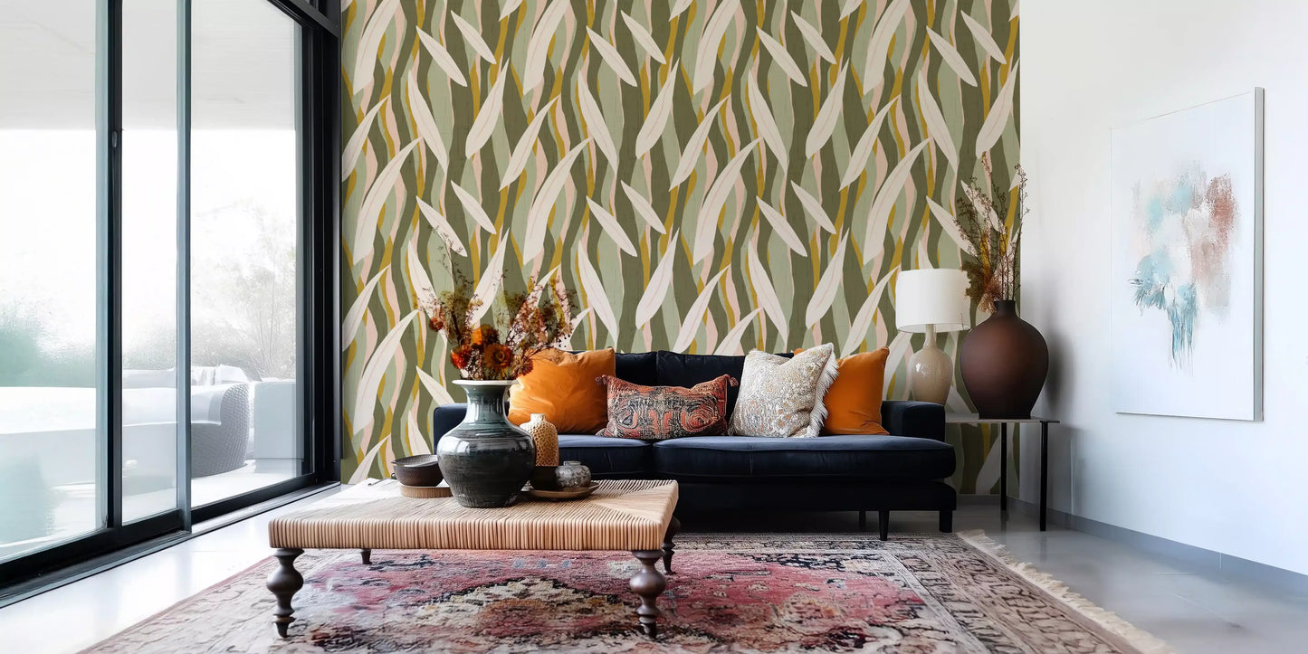 Olive Mustard Leaf Stripe Wallpaper Boho Organic Wallpaper⁠