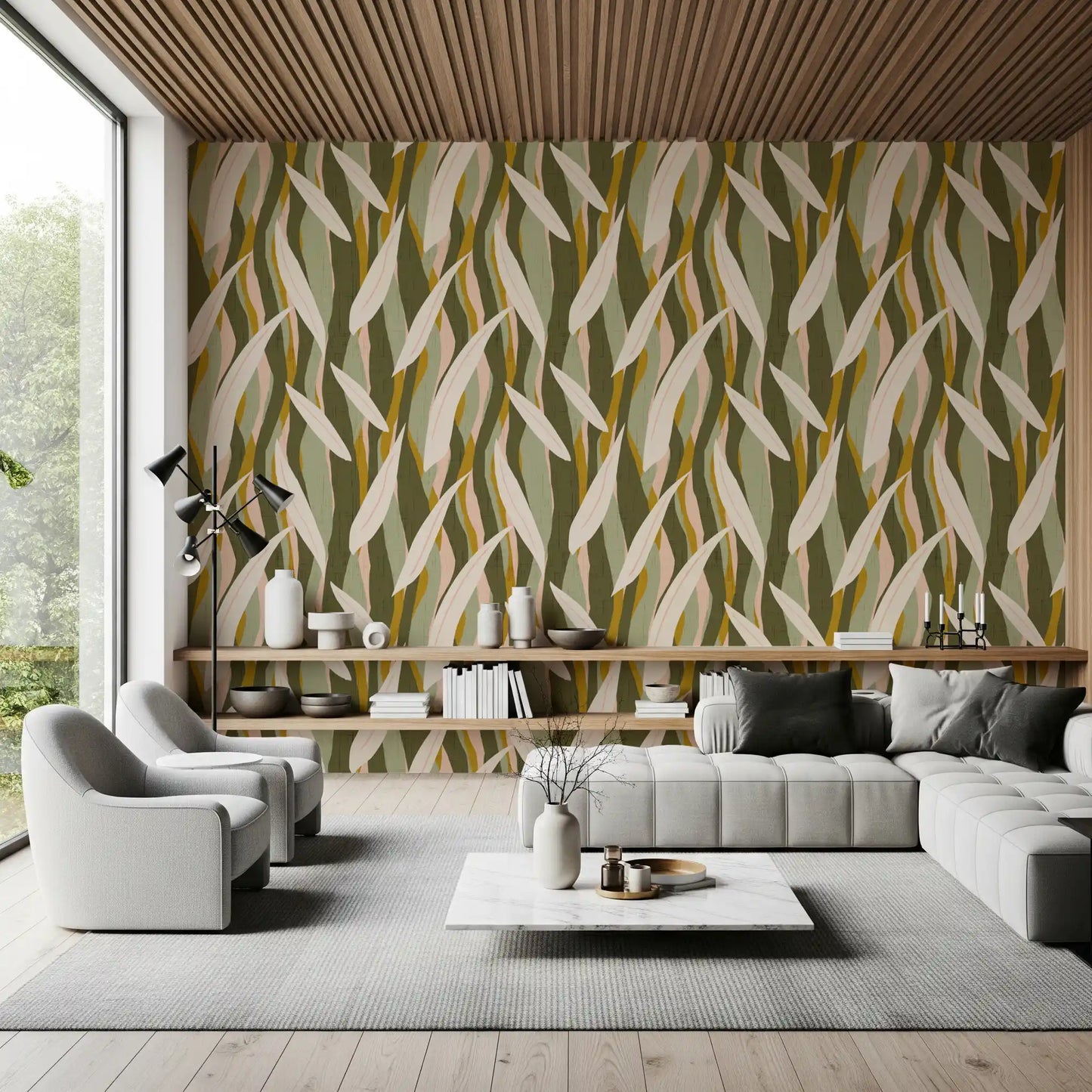 Olive Mustard Leaf Stripe Wallpaper Boho Organic Wallpaper⁠