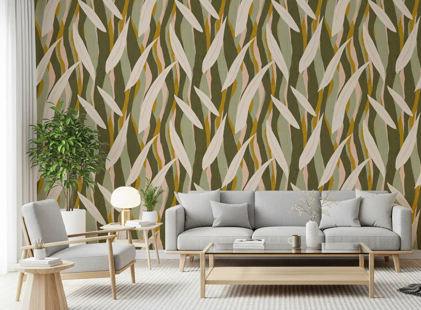 Olive Mustard Leaf Stripe Wallpaper Boho Organic Wallpaper⁠