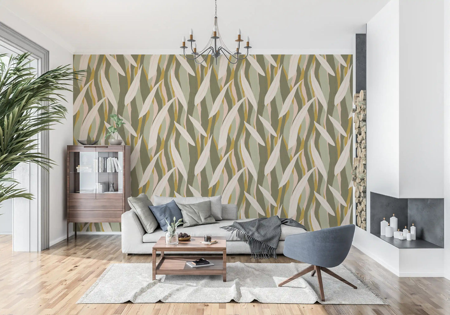 Olive Mustard Leaf Stripe Wallpaper Boho Organic Wallpaper⁠