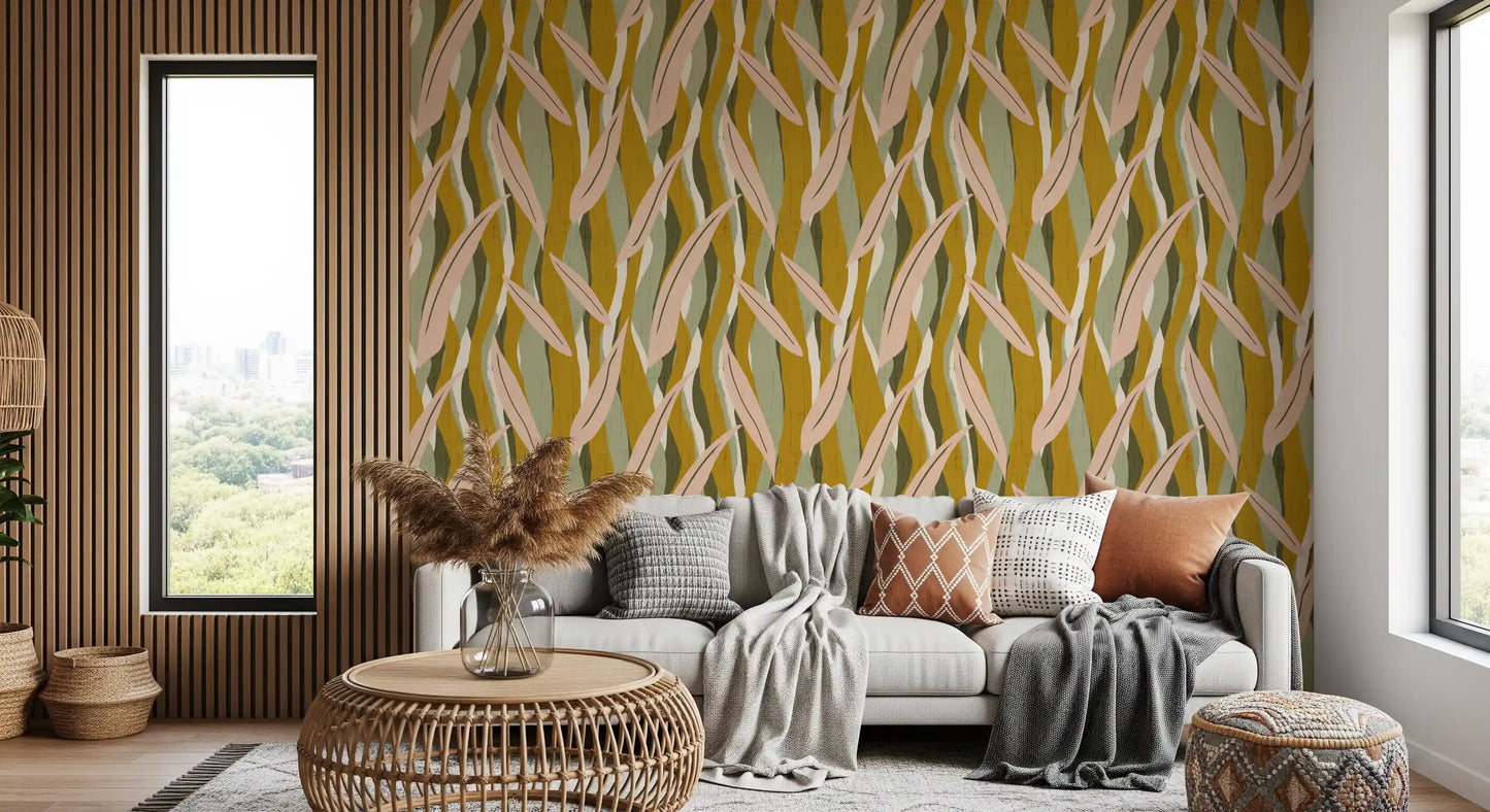 Olive Pink Leaf Stripe Wallpaper Boho Organic Wallpaper⁠