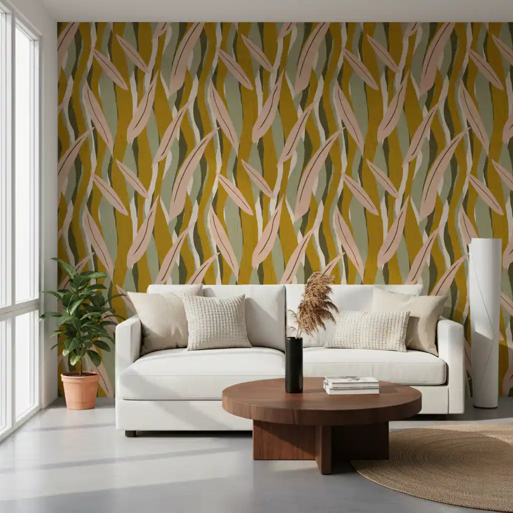 Olive Pink Leaf Stripe Wallpaper Boho Organic Wallpaper⁠