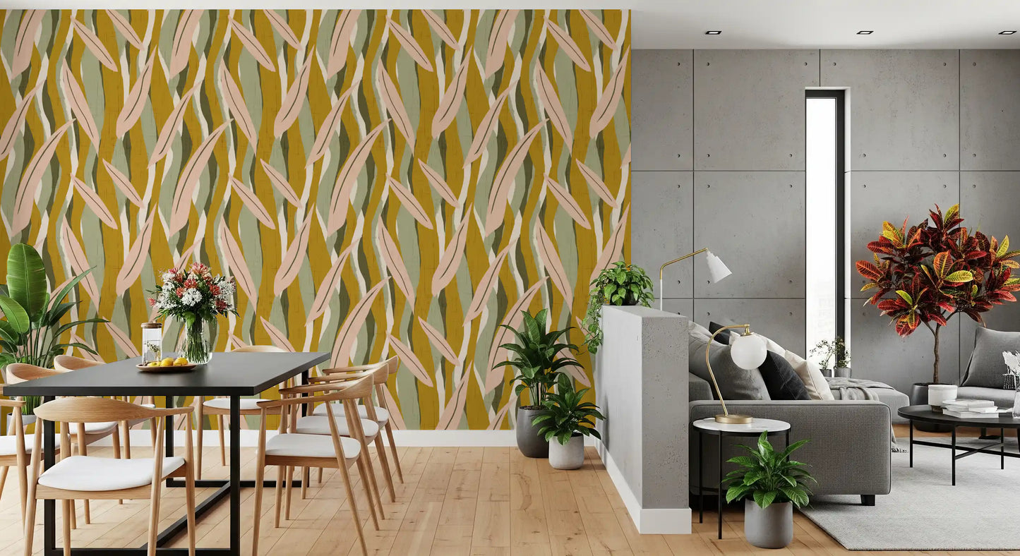 Olive Pink Leaf Stripe Wallpaper Boho Organic Wallpaper⁠