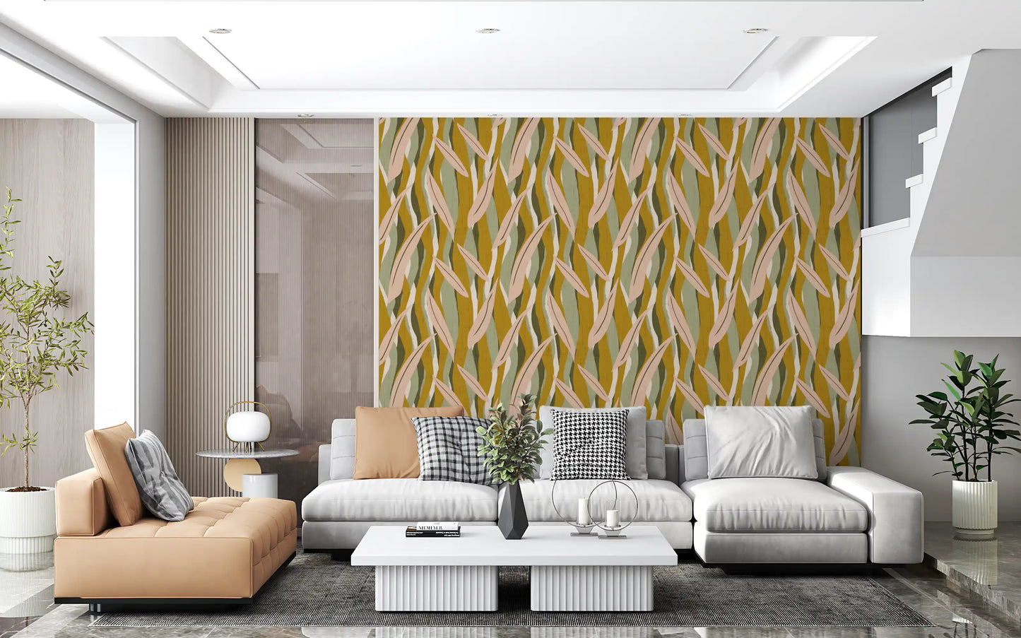 Olive Pink Leaf Stripe Wallpaper Boho Organic Wallpaper⁠