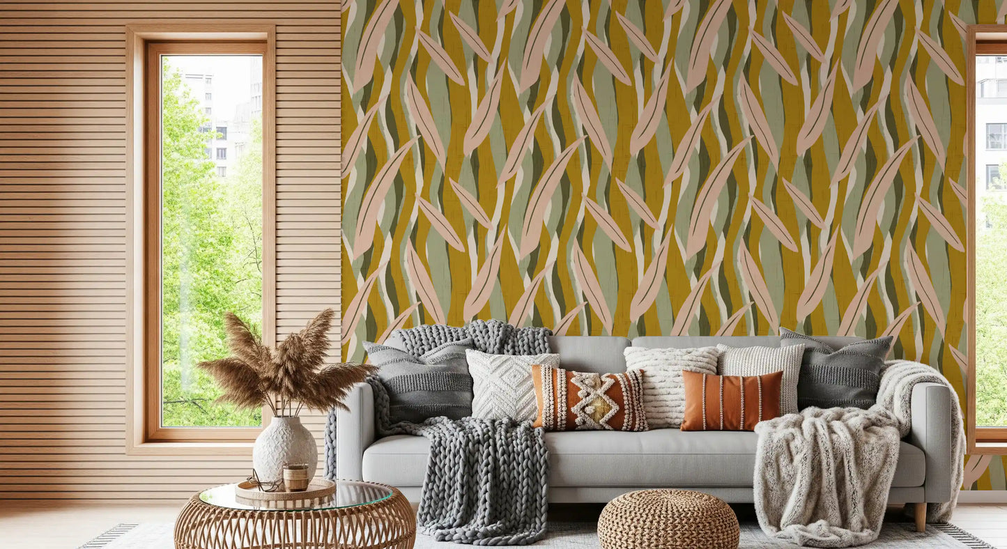 Olive Pink Leaf Stripe Wallpaper Boho Organic Wallpaper⁠