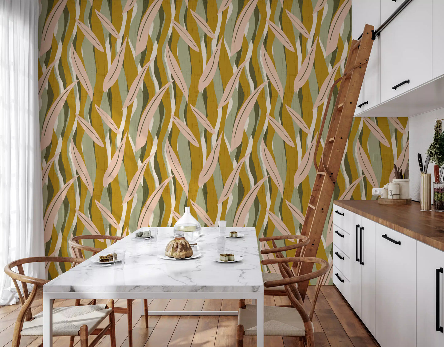 Olive Pink Leaf Stripe Wallpaper Boho Organic Wallpaper⁠