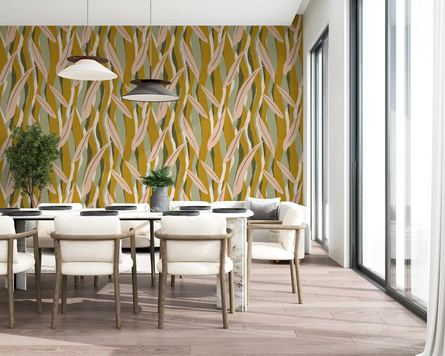 Olive Pink Leaf Stripe Wallpaper Boho Organic Wallpaper⁠