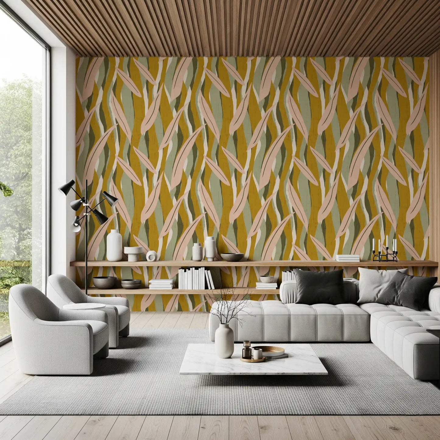 Olive Pink Leaf Stripe Wallpaper Boho Organic Wallpaper⁠
