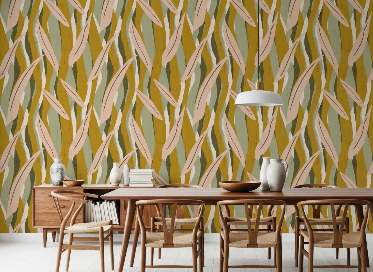 Boho leaf wallpaper with olive, mustard and blush pink vertical stripes in dining room.