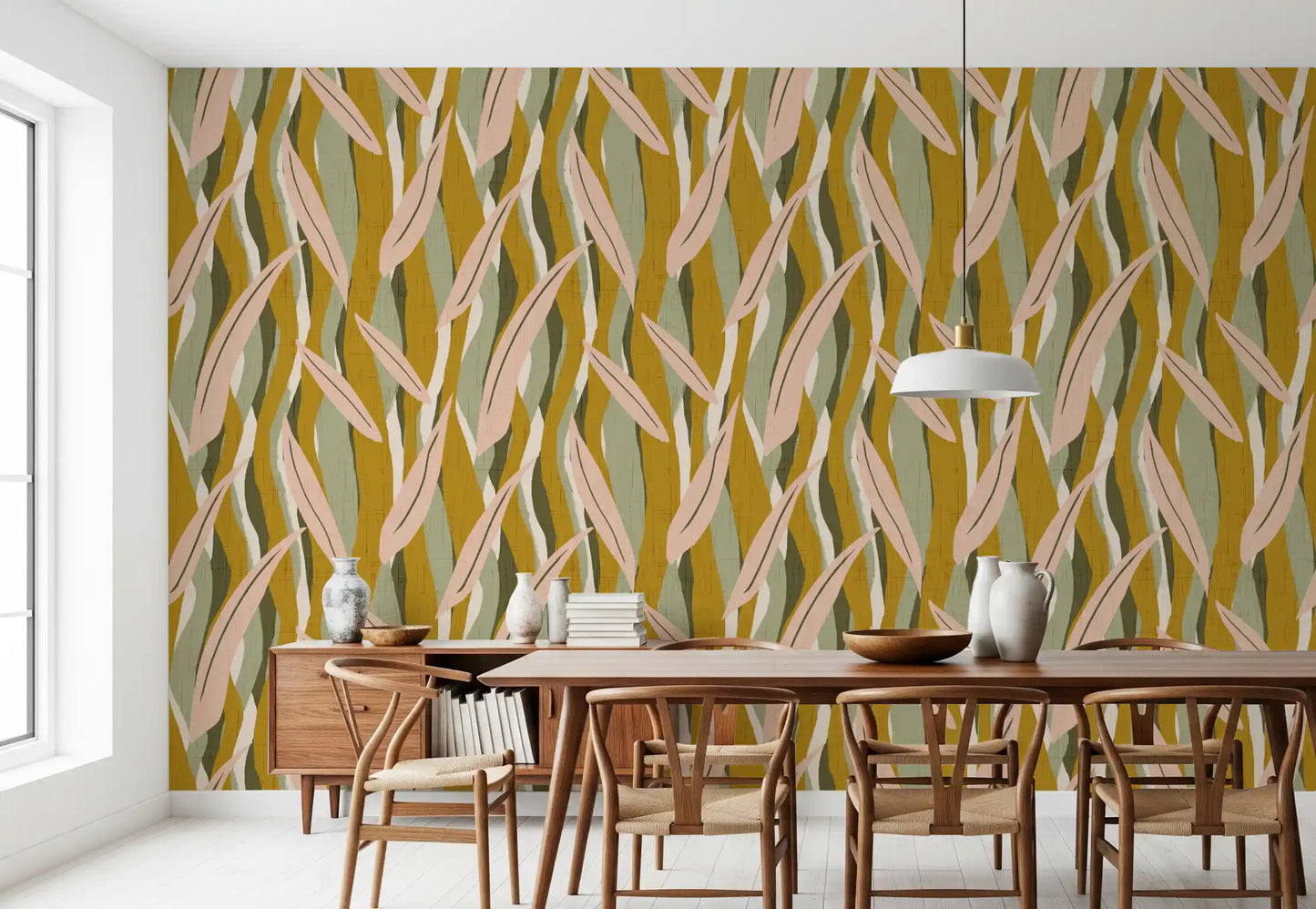 Olive Pink Leaf Stripe Wallpaper Boho Organic Wallpaper⁠