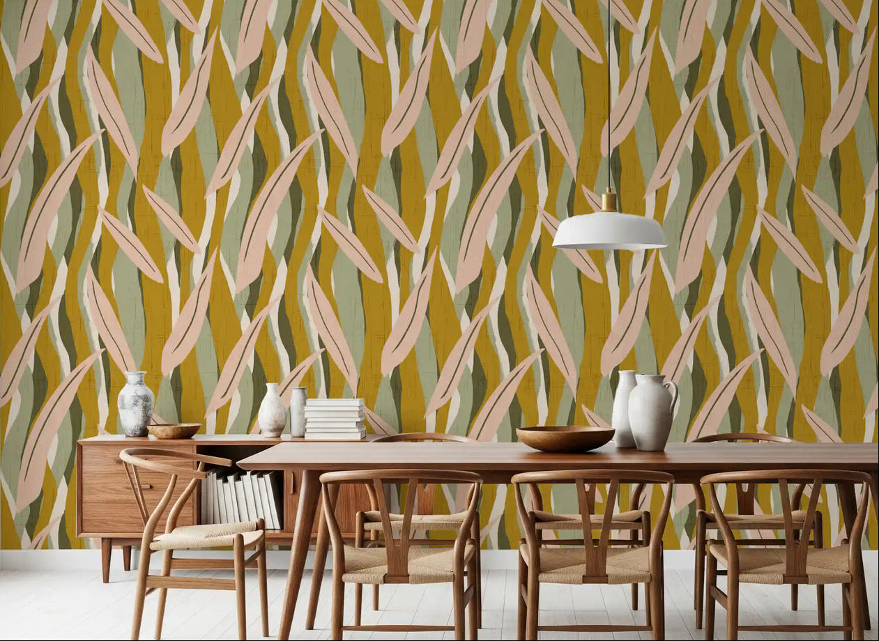 Boho leaf wallpaper with olive, mustard and blush pink vertical stripes in dining room., GD10039