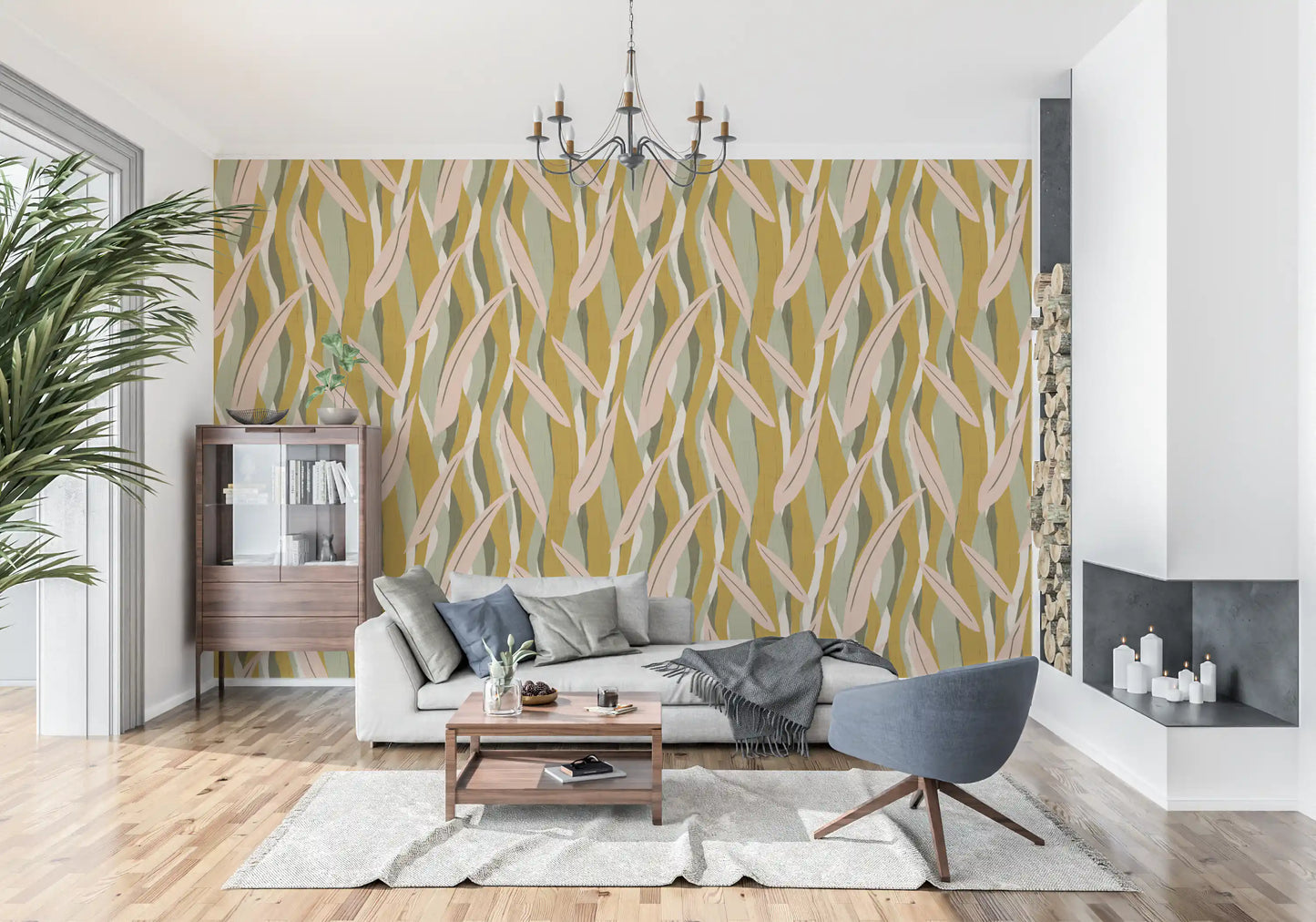 Olive Pink Leaf Stripe Wallpaper Boho Organic Wallpaper⁠