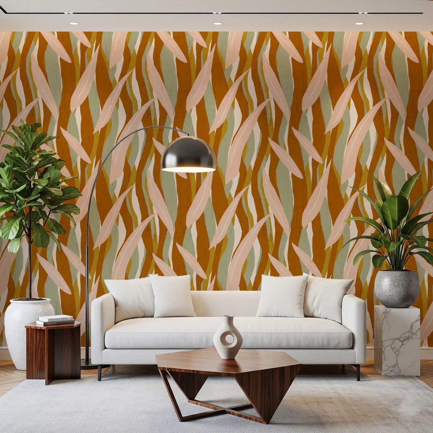 Terracotta Olive Leaf Stripe Wallpaper Boho Organic Wallpaper⁠