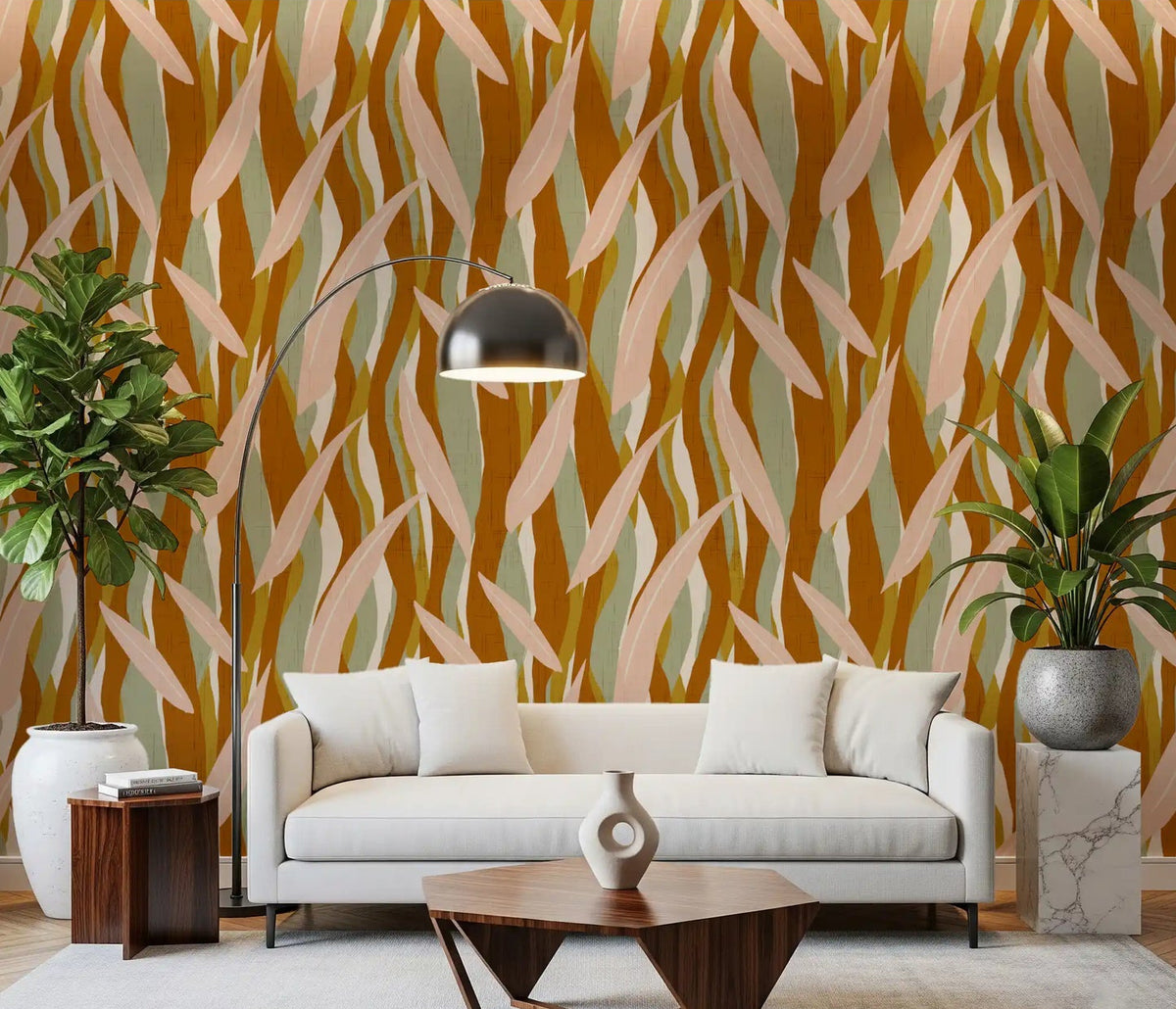 Terracotta olive leaf stripe wallpaper styled on a living room feature wall., GD10040